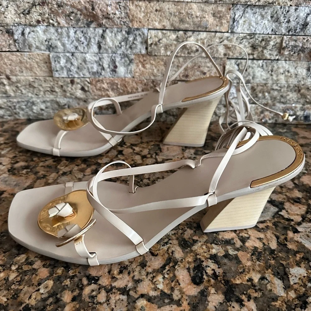 Tory Burch Knotted Leather Ankle-Tie Sandals New Cream